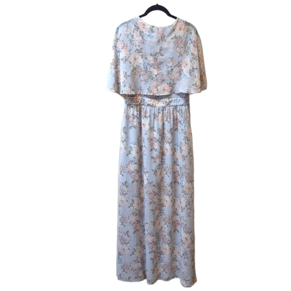 WAYF Love Note Floral Flutter Sleeve Pale Blue Chiffon Caped Maxi Dress (M) - Picture 2 of 6